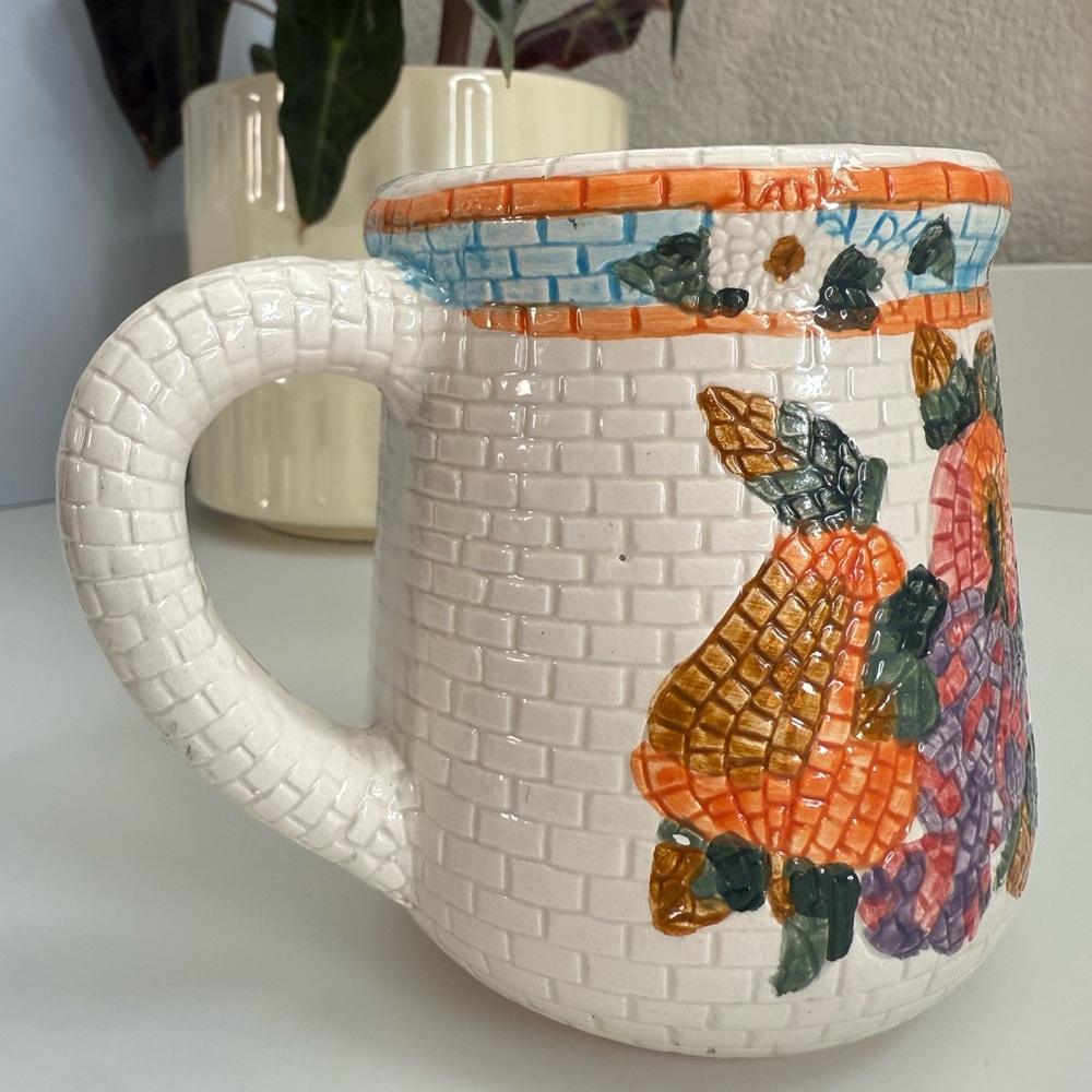 Vintage Floral Mosaic Cream Mug with Orange, Blue, Pink and Green Accents - Picture 7 of 11